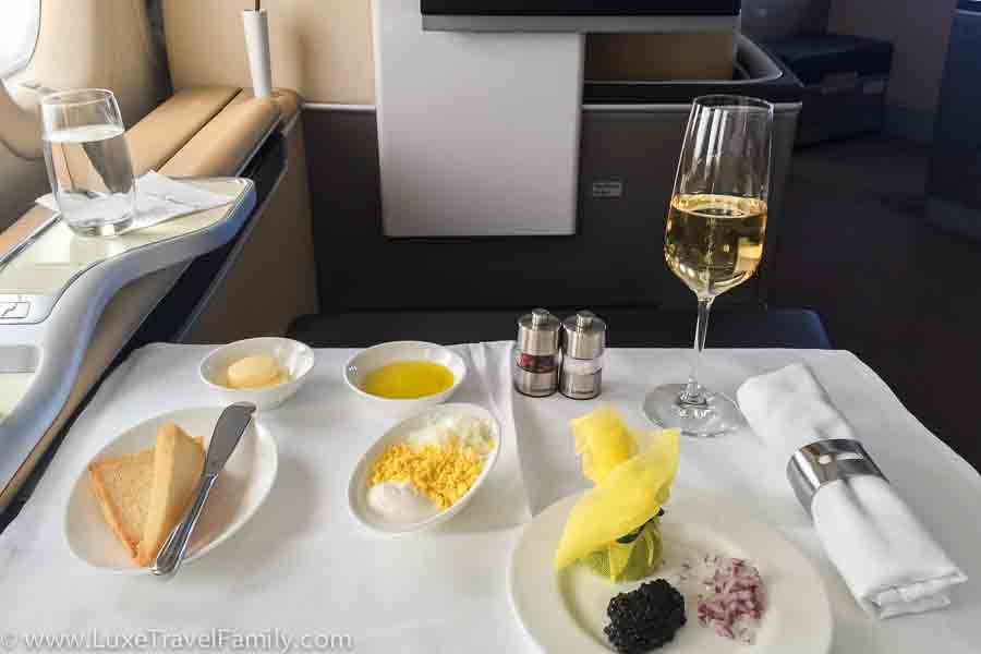 Lufthansa First Class 747-8i Champagne and caviar 