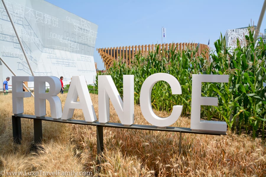The word France in white letters in front of wheat at corn at Expo 2015 Milan.