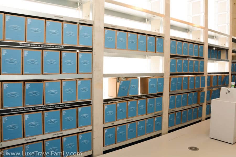 Blue boxes of water glasses at the Swiss Pavilion, Expo 2015.