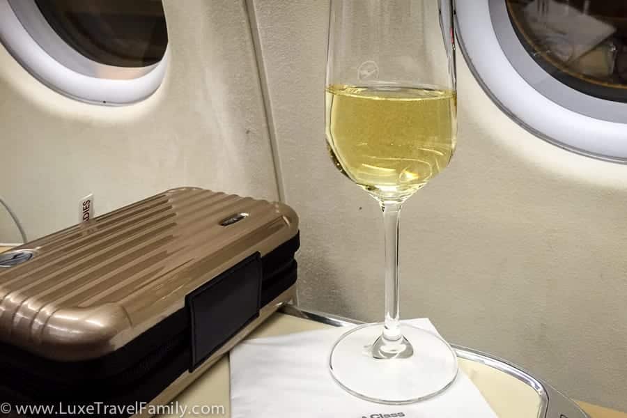 Champagne and a Rimowa amenity kit Lufthansa A330-300 First Class
