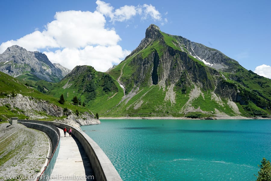 Family hiking in Lech Austria Lake Spullersee