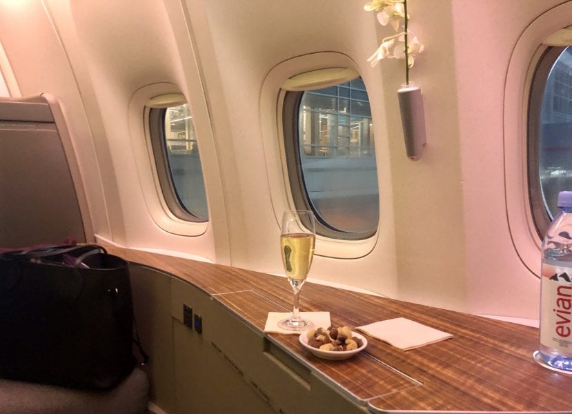 Champagne and salted nuts Cathay Pacific First Class