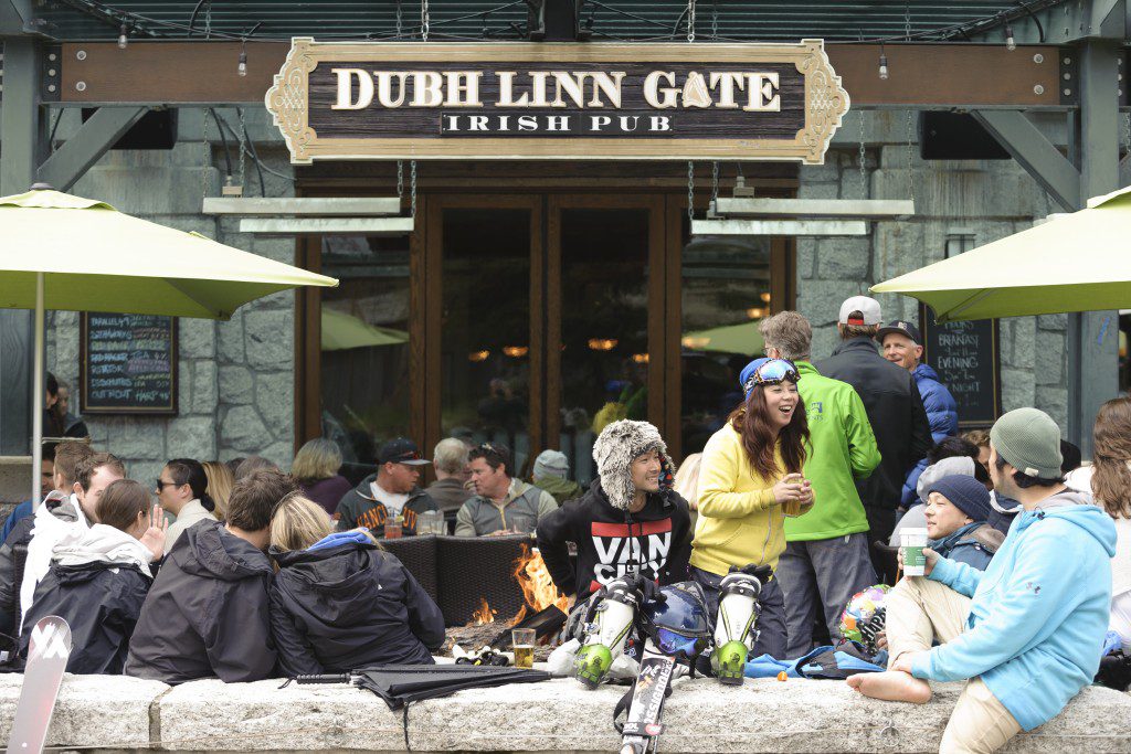 People dressed in warm clothes on the outdoor patio at Dubh Linn Gate Irish Pub