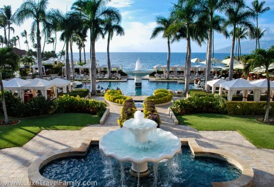 Four Seasons Maui at Wailea decorate water feature with fountain and large swimming pool with fountain.
