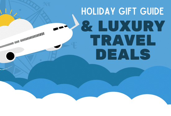 White airplane and sun with text holiday gift guide for travel lovers