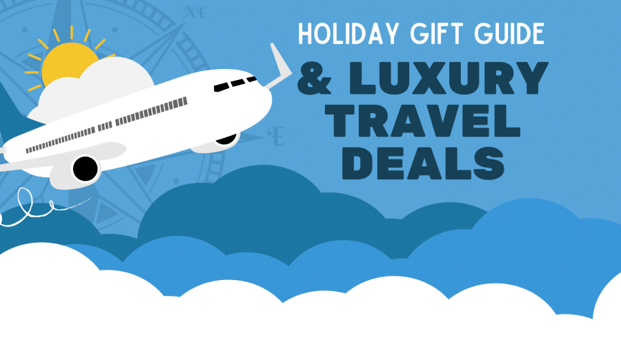 White airplane and sun with text holiday gift guide for travel lovers