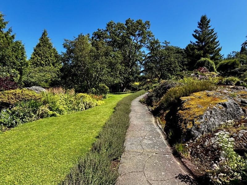 Stone path between moss covered rock and green plants Abkhazi Garden